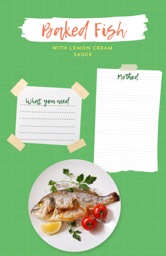 Designvorlage Baked Fish Cooking Steps für Recipe Card