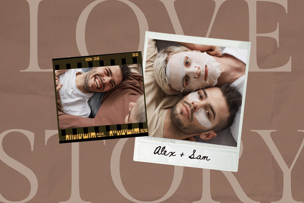 Love Story with Cute LGBT Couple in Brown Collage Mood Board Design Template