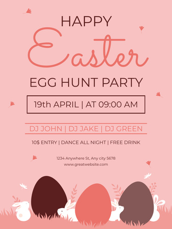 Modèle de visuel Annonce de fête de chasse aux œufs de Pâques avec des œufs de Pâques et des lapins sur rose - Poster US