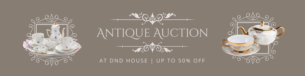 Ontwerpsjabloon van Twitter van Exquisite Tableware Sets And Antiques Auction Announcement