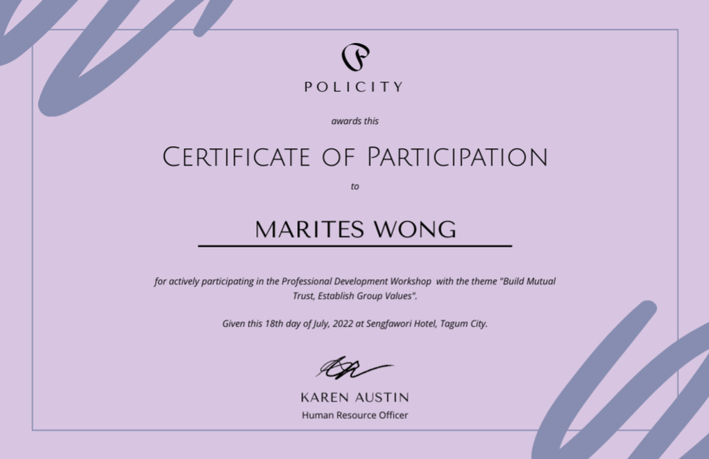 Award of Participation in Purple Certificate 5.5x8.5in Design Template