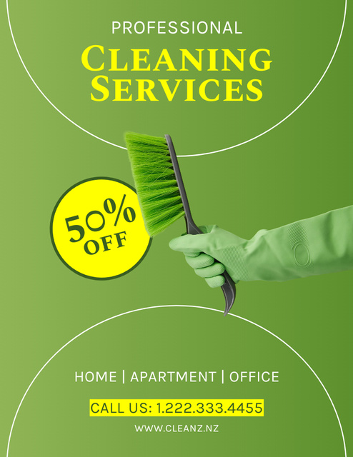 Ontwerpsjabloon van Poster 8.5x11in van Experienced Cleaning Service With Discounts In Green