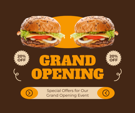 Savory Burgers At Reduced Price Due Grand Opening Event Facebook Design Template
