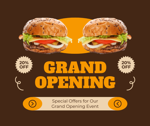 Savory Burgers At Reduced Price Due Grand Opening Event Facebook Design Template