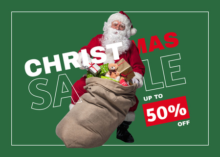 Template di design Santa with Gifts in Sack for Christmas Sale Green Card