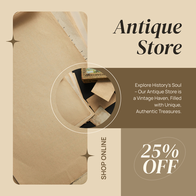 Vintage Paper And Antiques Store With Discounts Instagram AD Modelo de Design