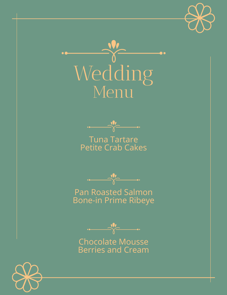Minimalist Wedding Food List on Green Menu 8.5x11in Tasarım Şablonu