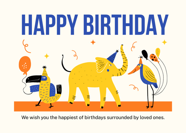 Designvorlage Birthday Greeting with Cute Cartoon Animals für Postcard 5x7in