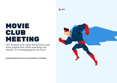 Platilla de diseño Movie Club Meeting Man in Superhero Costume Card
