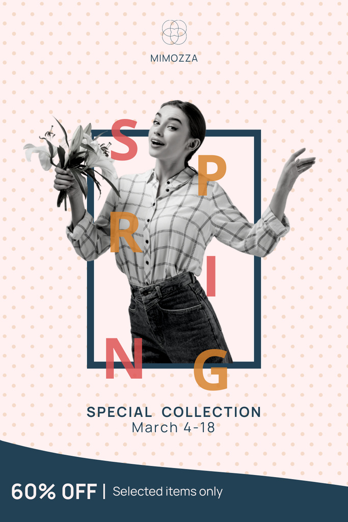 Template di design Spring Sale with Young Woman with Flowers Pinterest