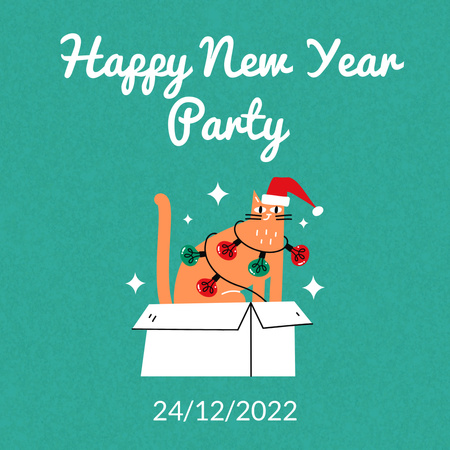 New Year Party Announcement with Cat Instagram Tasarım Şablonu