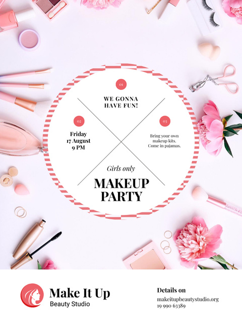 Makeup Party Invitation with Cosmetics in Pink Poster USデザインテンプレート
