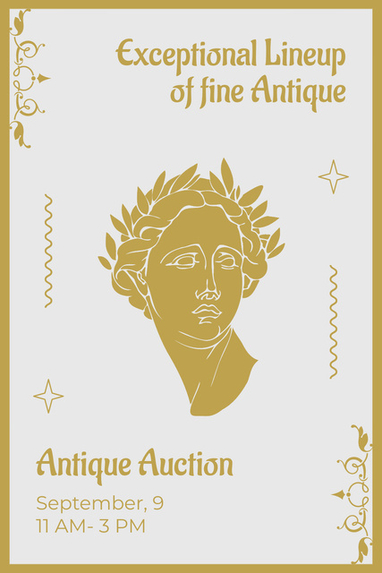 Antiques Auction Invitation with Golden Portrait of Woman Pinterest Tasarım Şablonu