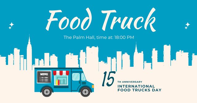 Illustration of Food Truck on City Silhouette Facebook AD Design Template