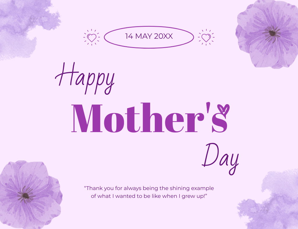 Mother's Day Greeting with Cute Purple Flowers Thank You Card 5.5x4in Horizontal Design Template