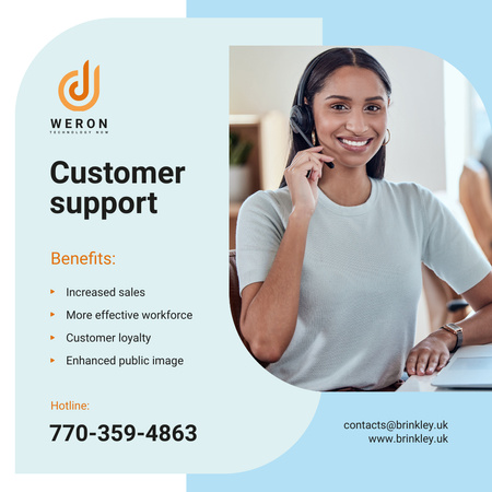 Customers Support Smiling Representative in Headset Instagram Design Template