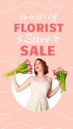 Modèle de visuel Annonce de magasin de fleurs avec une femme tenant des bouquets - Instagram Story