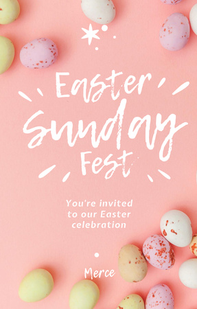 Platilla de diseño Easter Holiday Celebration Announcement with Pink Eggs Invitation 4.6x7.2in