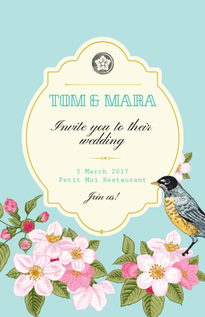 Platilla de diseño Wedding Announcement With Flowers And Bird on Blue Invitation 5.5x8.5in