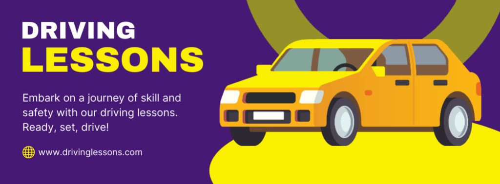 Offer of Driving Lessons with Illustration of Yellow Car Facebook cover Modelo de Design