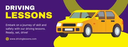 Предложение уроков вождения с иллюстрацией желтого автомобиля Facebook cover – шаблон для дизайна