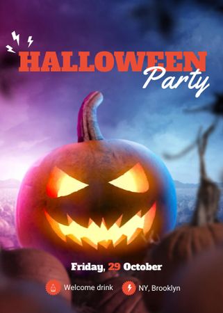 Halloween Party Announcement with Spooky glowing Pumpkin Invitation Design Template