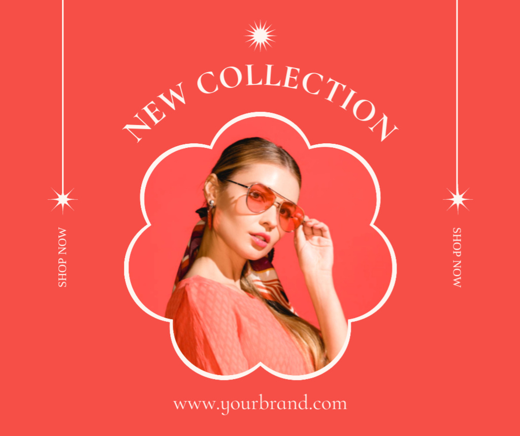 New Collection Announcement with Attractive Girl in Sunglasses Facebook Modelo de Design