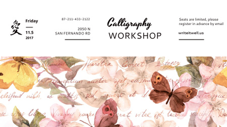 Calligraphy Workshop Announcement Watercolor Flowers FB event cover Design Template