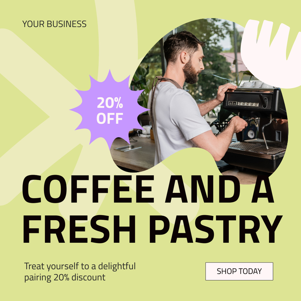 Discounted Coffee And Pastry At Shop With Professional Barista Instagram AD tervezősablon