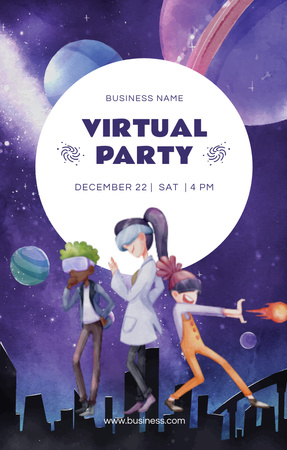 Virtual Party Ad with 3d Characters on Purple Invitation 4.6x7.2in Design Template