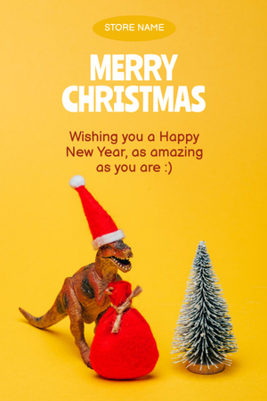 Christmas and New Year Greeting Dino with Bag of Gifts Postcard 4x6in Vertical Design Template
