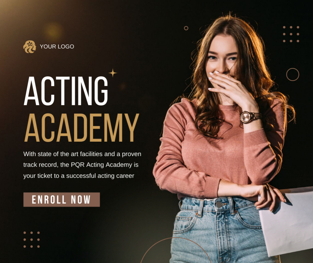 Recruitment to Acting Academy with Smiling Woman Facebookデザインテンプレート