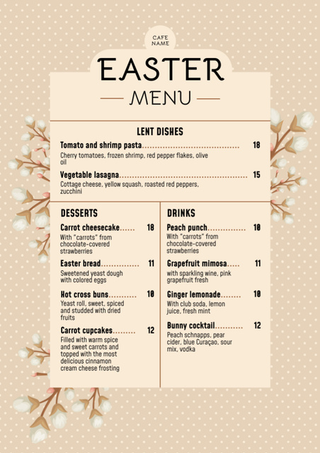 Easter Meals Offer with Spring Pussy Willow Twigs Menu Šablona návrhu