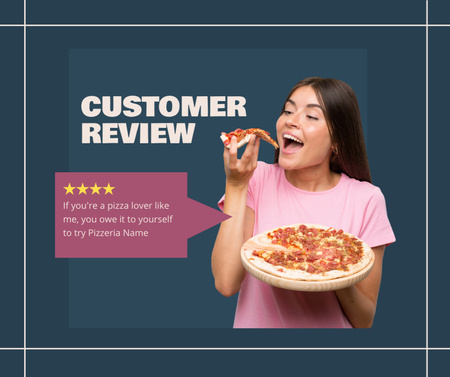 Avaliação do cliente com mulher degustando pizza Facebook Modelo de Design