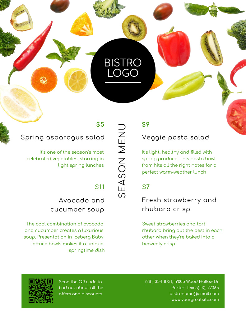 Vegetarian Bistro with Seasonal Vegetables Menu 8.5x11in – шаблон для дизайну