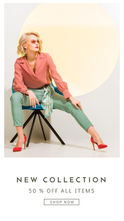 Elegant Woman Posing on Chair for Fashion Collection Anouncement  Instagram Story tervezősablon