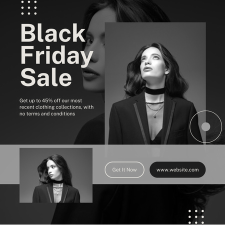 Black Friday Sale with Gorgeous Woman in Dark Blazer Instagram Design Template