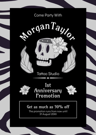 Cute Skull And Tattoo Service Offer With Discount For Anniversary Flayer Design Template