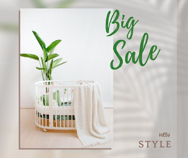 Sale Offer Announcement with Cot in Cozy Nursery Facebook Design Template