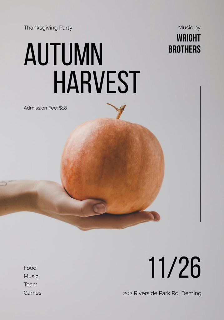Autumn Thanksgiving Party Announcement with Pumpkin in Hand Poster 28x40in tervezősablon