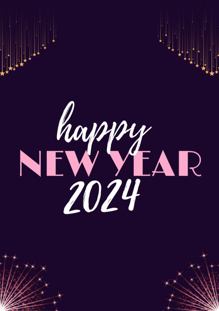 Plantilla de diseño de New Year Greeting with Fireworks on Dark Purple Postcard A5 Vertical 