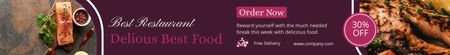 Plantilla de diseño de Oferta de comida deliciosa con filete de salmón en púrpura Leaderboard 