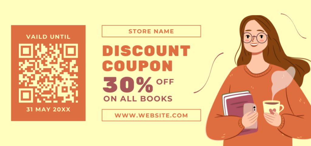Discount Offer by Bookstore with Young Cartoon Woman Coupon Din Large – шаблон для дизайну