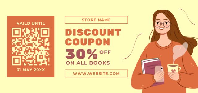 Discount Offer by Bookstore with Young Cartoon Woman Coupon Din Large Πρότυπο σχεδίασης