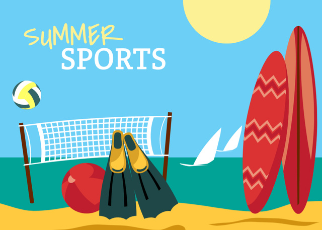 Ontwerpsjabloon van Postcard 5x7in van Summer Sports With Beach Illustration and Surfboards