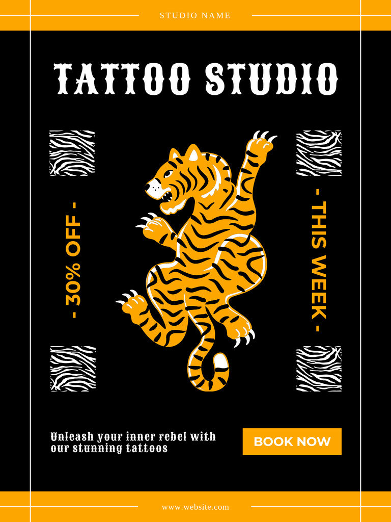 Plantilla de diseño de Cute Tiger And Tattoo Studio Service With Discount Poster US 