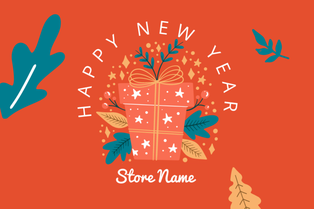 Happy New Year Celebration With Present Postcard 4x6in Πρότυπο σχεδίασης