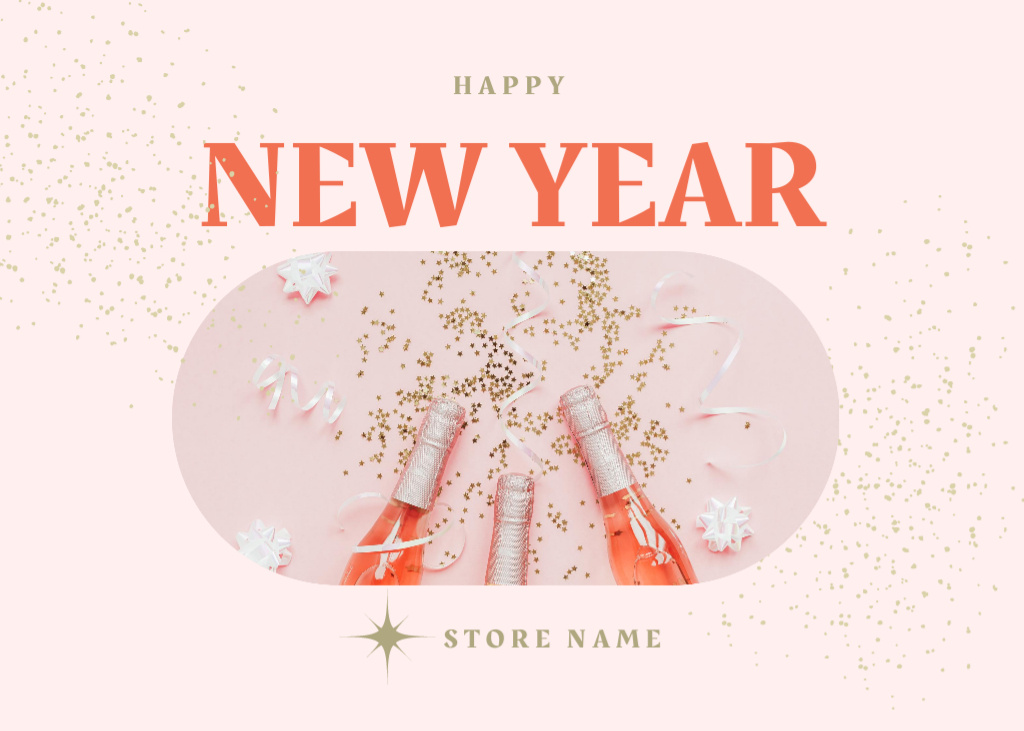 Ontwerpsjabloon van Postcard 5x7in van Elegant New Year Holiday Congrats with Champagne Bottles