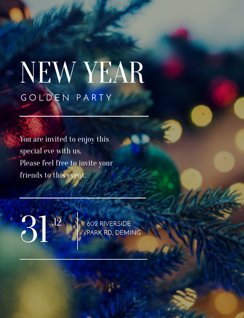 New Year Party Notification on Background of Bokeh Invitation 13.9x10.7cm Design Template