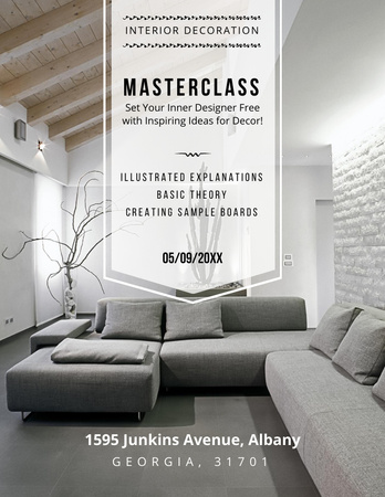 Interior Decoration Masterclass Ad with Cozy Corner Couch in Grey Flyer 8.5x11in Šablona návrhu